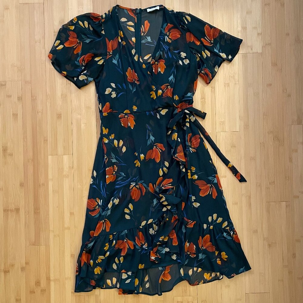 Calvin Klein Floral High-Low Dress - Dark Green and Orange